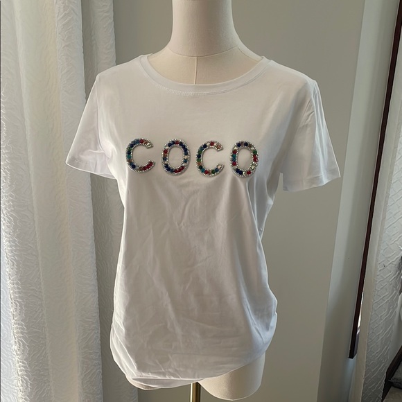 White T-Shirt Colorful Beaded 'COCO' NWOT Boutique Fashion top Small inspired - Picture 3 of 9